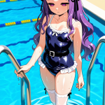 【エロ画像】紫髪ウェーブロング小柄むっちり×スクール水着_AI_アニメエロ画像