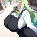 【エロ画像】緑髪サイドテール長身貧乳×巨乳・爆乳_AI_アニメエロ画像