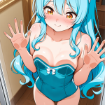 【エロ画像】水色セミロング巨乳×ガラスおっぱい押し付け_AI_アニメエロ画像