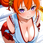 【エロ画像】オレンジ髪お団子むっちり巫女×パイズリ_AI_アニメエロ画像
