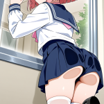 【エロ画像】桜色外ハネボブ巨乳×ガラスお尻押し付け_AI_アニメエロ画像
