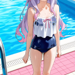 【エロ画像】ピンク髪ウェーブロング細身×スクール水着_AI_アニメエロ画像