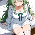 【エロ画像】緑髪三つ編みむっちり×寝起き・パジャマ_AI_アニメエロ画像