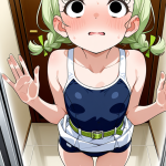 【エロ画像】ライム色ツインおさげむっちり×ガラスお尻押し付け_AI_アニメエロ画像