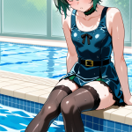 【エロ画像】黒髪くせ毛ショート巨乳×スクール水着_AI_アニメエロ画像