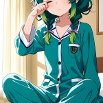 【エロ画像】水色おさげ長身貧乳×寝起き・パジャマ_AI_アニメエロ画像