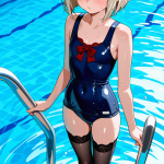 【エロ画像】プラチナ髪セミロング貧乳×スクール水着_AI_アニメエロ画像