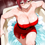 【エロ画像】深紅色刈り上げショートむっちり×お風呂・入浴_AI_アニメエロ画像