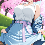 【エロ画像】桜色くせ毛ショート巨乳×野外露出_AI_アニメエロ画像