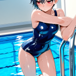 【エロ画像】青黒グラデーション刈り上げショ×スクール水着_AI_アニメエロ画像