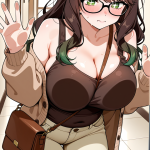 【エロ画像】茶髪ウェーブロングむっちり×ガラスおっぱい押し付け_AI_アニメエロ画像
