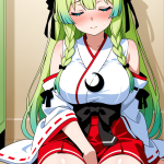 【エロ画像】黄緑三つ編みグラマラス巫女×オナニー・自慰_AI_アニメエロ画像