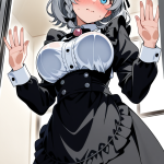 【エロ画像】シルバー三つ編みスレンダーメイ×ガラスおっぱい押し付け_AI_アニメエロ画像
