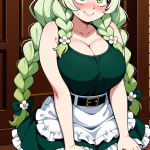 【エロ画像】緑髪ツインおさげ巨乳×メイド服_AI_アニメエロ画像