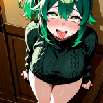 【エロ画像】緑髪ポニーテール巨乳×アヘ顔・イキ顔_AI_アニメエロ画像