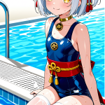 【エロ画像】白髪ボブ貧乳巫女×スクール水着_AI_アニメエロ画像