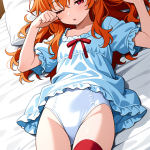 【エロ画像】オレンジハーフアップロリ体型×寝起き・パジャマ_AI_アニメエロ画像