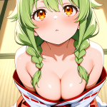 【エロ画像】ライム色ツインおさげ長身貧乳×パイズリ_AI_アニメエロ画像