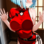 【エロ画像】水色ボブ細身モデル体型×ガラスおっぱい押し付け_AI_アニメエロ画像