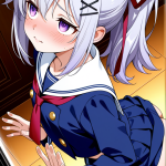 【エロ画像】青髪ロングポニーテール貧乳×ガラスお尻押し付け_AI_アニメエロ画像