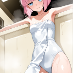 【エロ画像】マゼンタピンク髪ボブ貧乳長身×お風呂・入浴_AI_アニメエロ画像