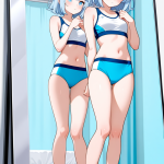 【エロ画像】黒青グラデーションお団子細身×鏡越し_AI_アニメエロ画像