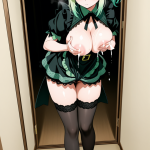 【エロ画像】緑髪ポニーテールスレンダー×母乳・ミルク_AI_アニメエロ画像