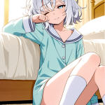 【エロ画像】白髪サイドテール貧乳×寝起き・パジャマ_AI_アニメエロ画像