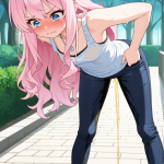 【エロ画像】ピンク髪ウェーブロング細身×おしっこ・放尿_AI_アニメエロ画像