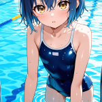【エロ画像】青髪ショート貧乳長身×スクール水着_AI_アニメエロ画像