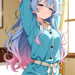 【エロ画像】ピンク髪ウェーブロングスレンダ×寝起き・パジャマ_AI_アニメエロ画像