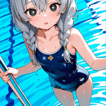 【エロ画像】グレー三つ編みロリ体型×スクール水着_AI_アニメエロ画像