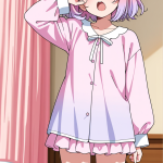 【エロ画像】マゼンタピンク髪ショート長身モ×寝起き・パジャマ_AI_アニメエロ画像