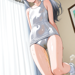 【エロ画像】グレー髪ポニーテール貧乳長身×おしっこ・放尿_AI_アニメエロ画像
