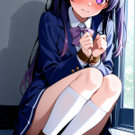 【エロ画像】紫髪セミロング長身スレンダー×手縛り・拘束_AI_アニメエロ画像