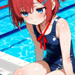 【エロ画像】赤髪ショートロリ体型×スクール水着_AI_アニメエロ画像