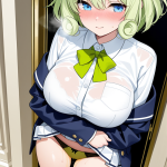 【エロ画像】ライム色くせ毛ショート巨乳×おしっこ・放尿_AI_アニメエロ画像