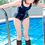【エロ画像】黒髪シニヨン長身貧乳×スクール水着_AI_アニメエロ画像