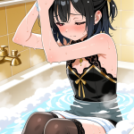 【エロ画像】黒髪ハーフアップ長身貧乳×お風呂・入浴_AI_アニメエロ画像