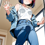 【エロ画像】赤髪ボブ細身長身×ガラスおっぱい押し付け_AI_アニメエロ画像
