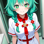 【エロ画像】水色ツインおさげ細身巫女×ナース服_AI_アニメエロ画像