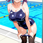 【エロ画像】紫髪アップ巨乳スレンダー×スクール水着_AI_アニメエロ画像