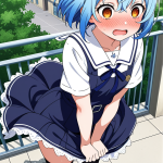 【エロ画像】青髪くせ毛ショートむっちり×野外露出_AI_アニメエロ画像