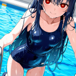 【エロ画像】黒青グラデーションウェーブロン×スクール水着_AI_アニメエロ画像