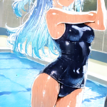 【エロ画像】青髪ハーフアップ巨乳スレンダー×スクール水着_AI_アニメエロ画像