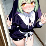 【エロ画像】緑髪ショート巨乳むっちり×ガラスお尻押し付け_AI_アニメエロ画像