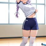 【エロ画像】紫髪ツインおさげ巨乳むっちり×体操服・ブルマ_AI_アニメエロ画像