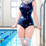 【エロ画像】銀髪ポニーテールグラマラス×スクール水着_AI_アニメエロ画像