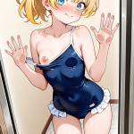 【エロ画像】金髪ポニーテール貧乳長身×ガラスおっぱい押し付け_AI_アニメエロ画像