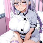 【エロ画像】紫髪三つ編みロング巨乳×ナース服_AI_アニメエロ画像